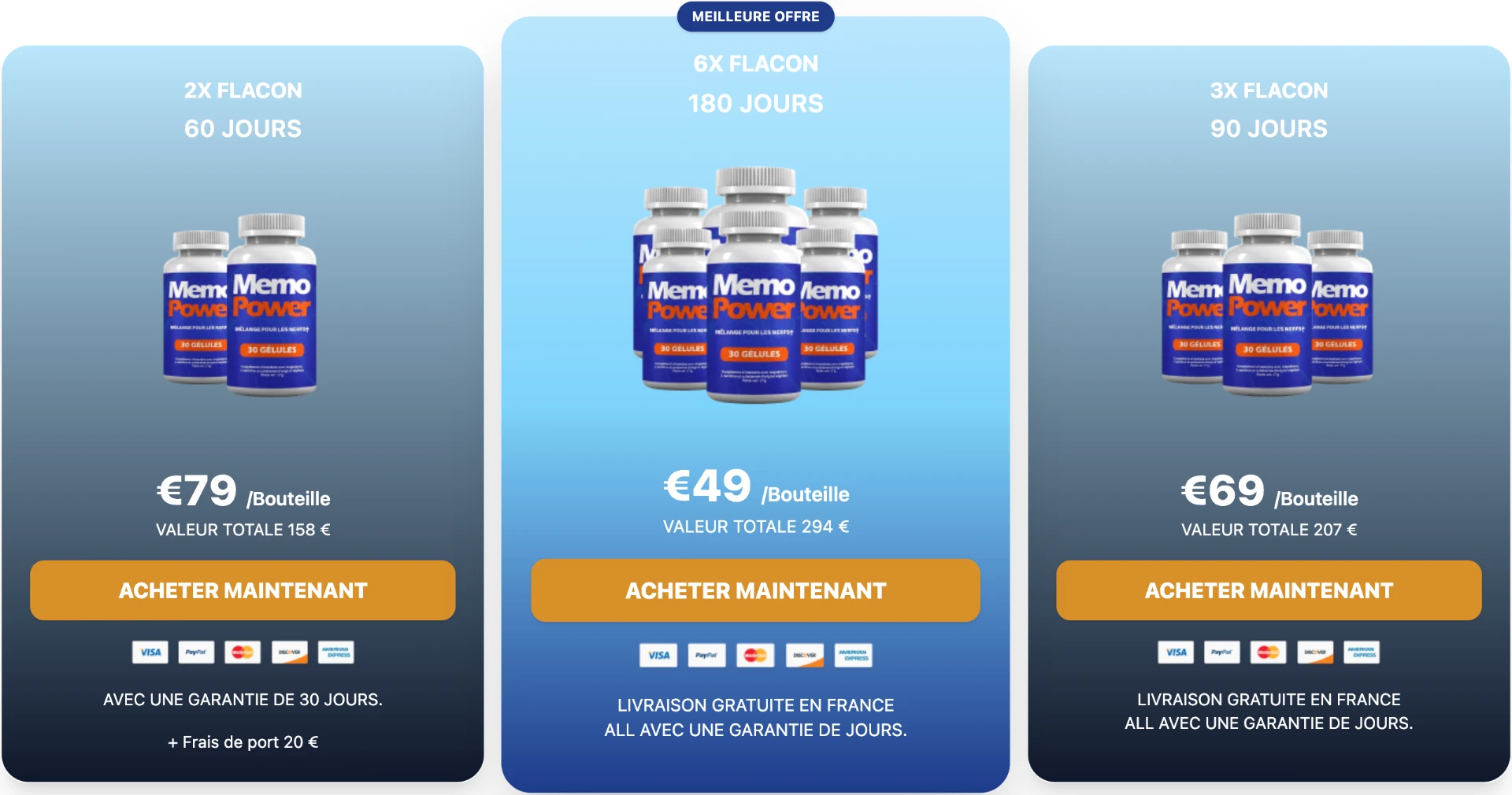 Memopower France official offers: 2 bottles €79, 6 bottles €49, 3 bottles €69 per bottle