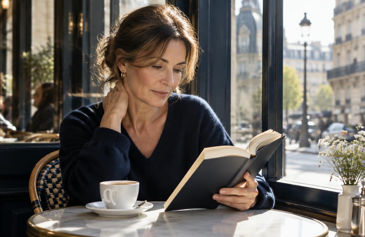 Woman reading calmly in a Paris café, illustrating focus and mental clarity with Memopower France