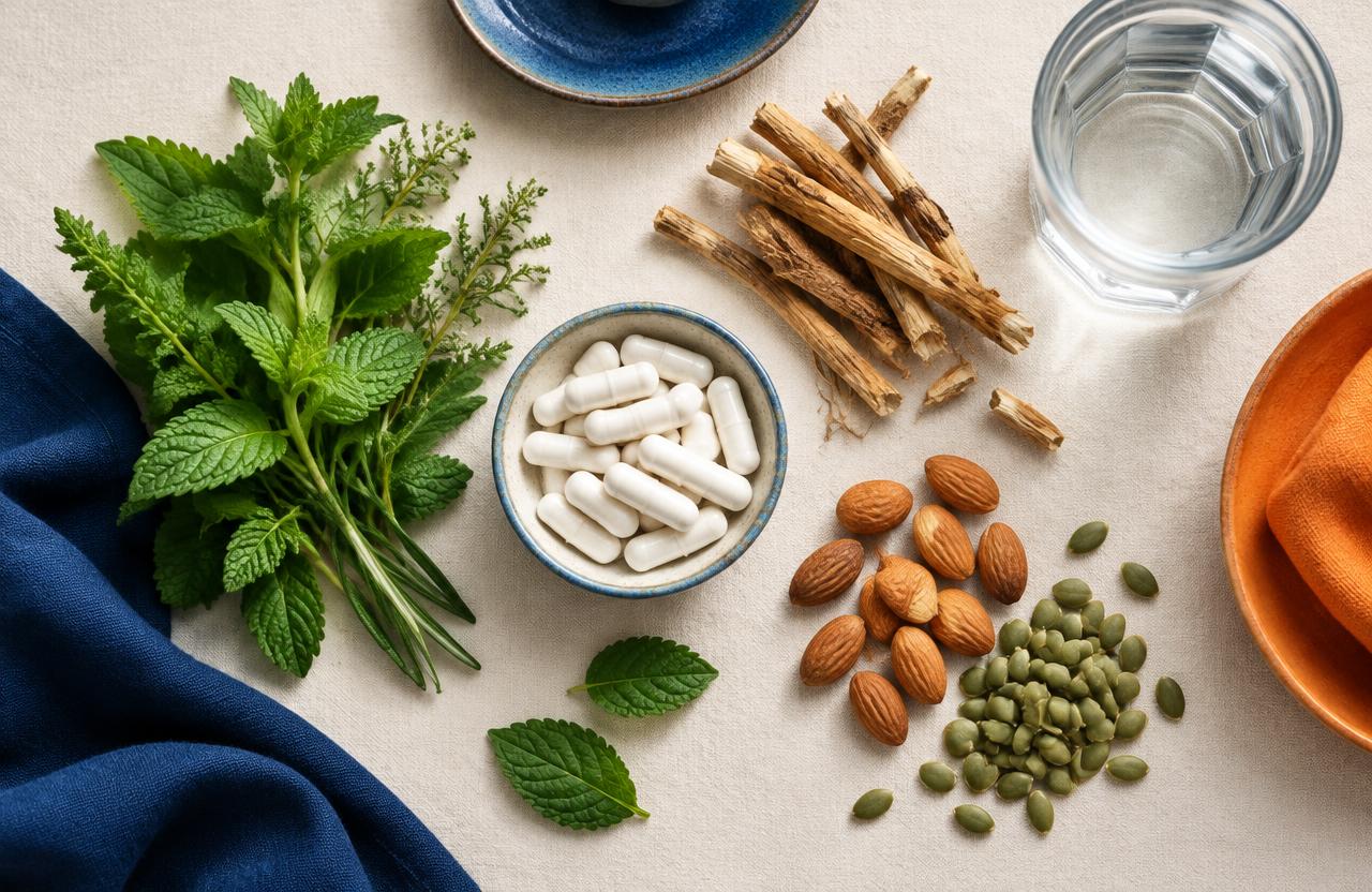 Memopower ingredients concept: capsules, fresh herbs, plant roots, almonds and pumpkin seeds rich in magnesium