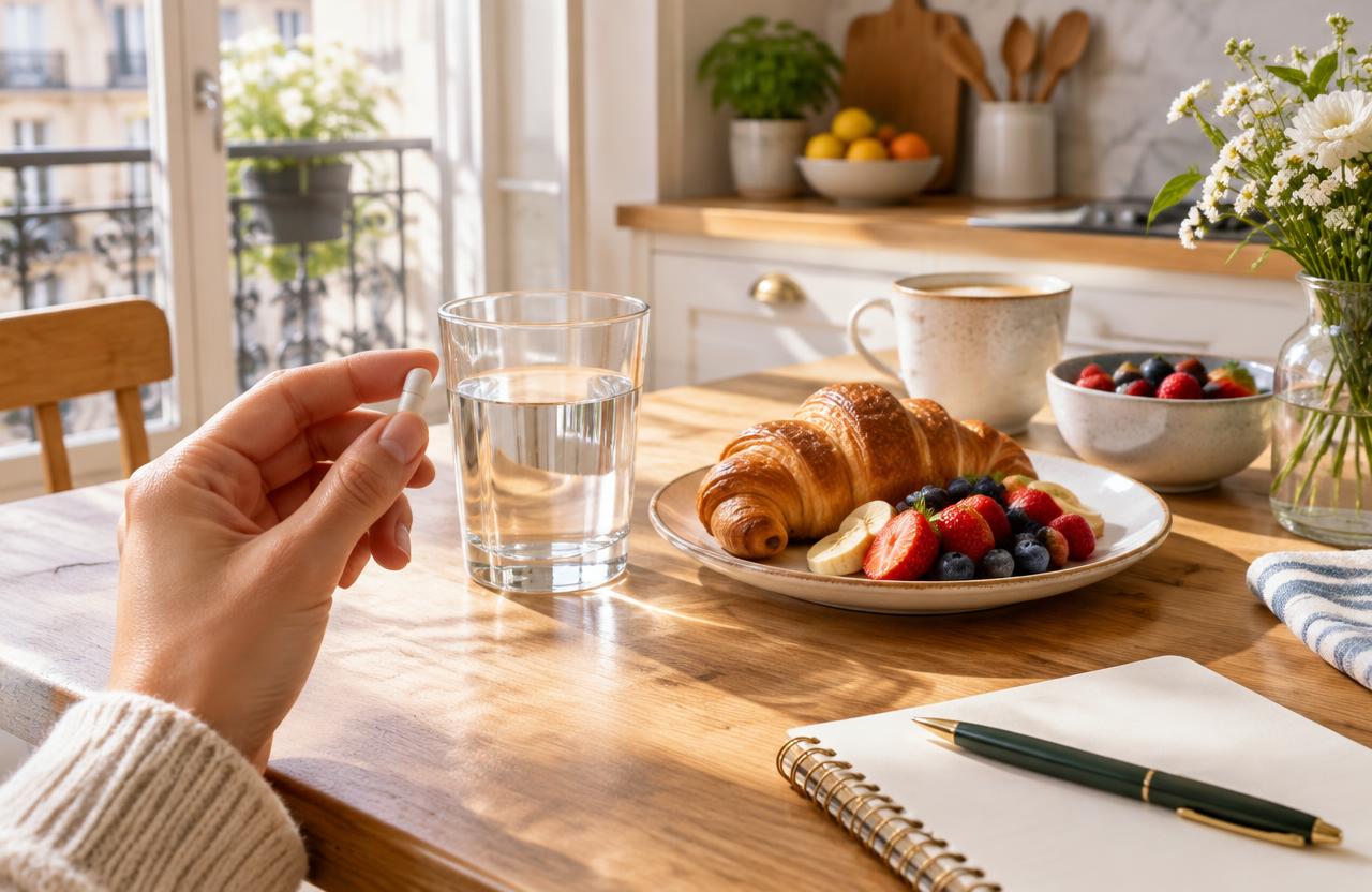 Taking one Memopower capsule with water at breakfast in a French kitchen